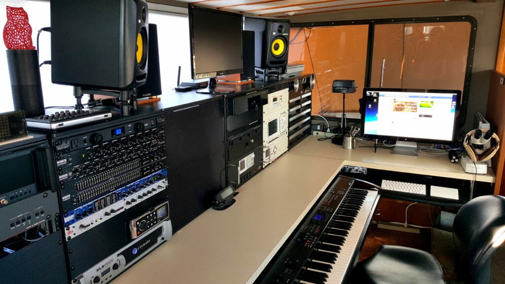 The lab console aboard Datawake (photo shows work in progress - the blank cabinet in the middle is now getting communications gear)