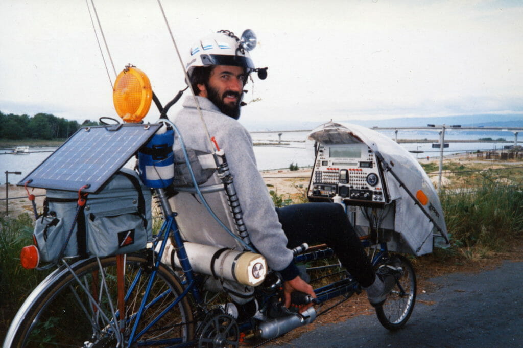 The <em>Winnebiko II</em> covered 6,000 miles from 1986-1988, and included a handlebar keyboard to allow writing while riding - click for more. (photo by Karen Greene)