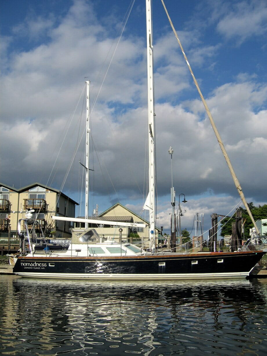 Nomadness moored in front of the previous development facilities in La Conner